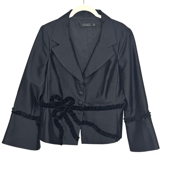 Teri Jon Blazer Womens 12 Black Silk Wool Blend Button Up Bow Trim Suit Jacket - Picture 1 of 7